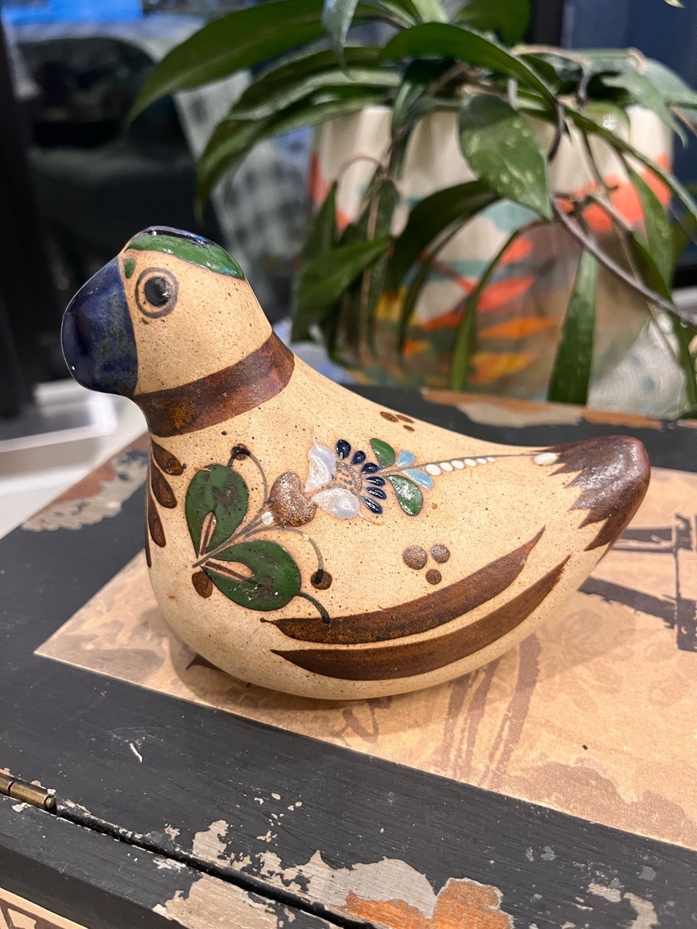 Hand-Painted Mexican Tonala Bird Figurine in Beige, Brown & Green